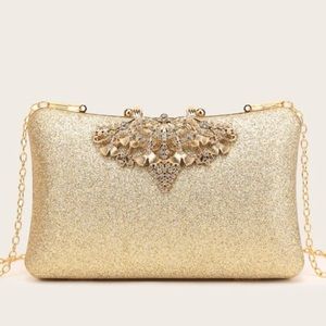 Luxe gold glitter floral rhinestone party evening wedding prom clutch box bag